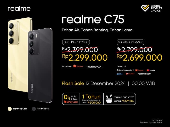realme C75 Dirilis, Hp Tahan Air, Tahan Benturan dan Baterai Awet